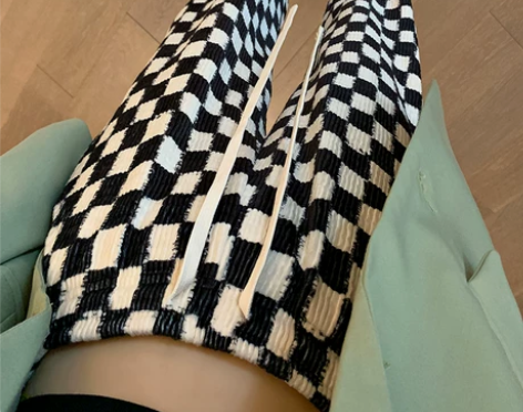 白鹿同款棋盘格裤子女春秋高腰休闲直筒裤