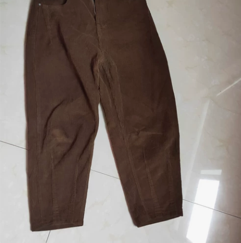 韩版复古日系咖色灯芯绒萝卜直筒休闲裤 半松...