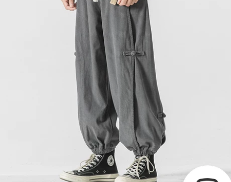 裤复古 独楼中国风抽绳束脚盘扣古风宽松秋冬...