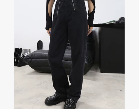 原创设计感复古宽松显瘦垂感高腰长裤双拉链直...