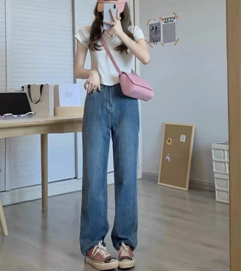 viiwen 时髦复古蓝很好看 水洗慵懒直筒显瘦阔腿拖地高腰...