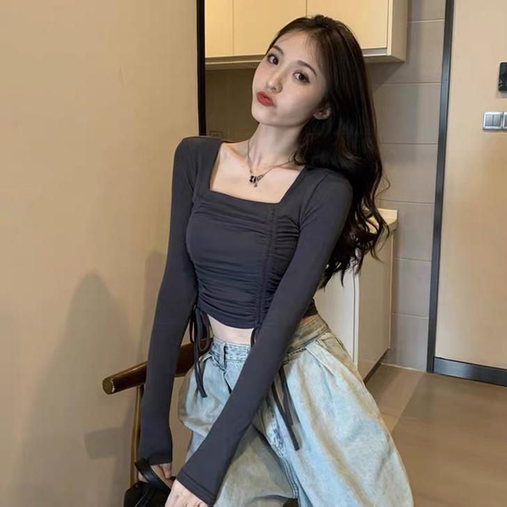 灰色长袖t恤女修身短款辣妹秋装性感方领锁骨...