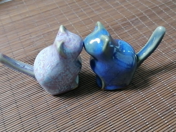 钧瓷炭烧笔架猫，钧瓷毛笔架，可爱小猫一对
