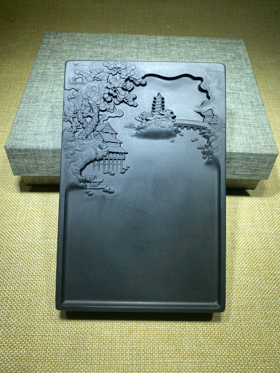 歙砚文房四宝砚台修水光板石江南水乡山水砚台...