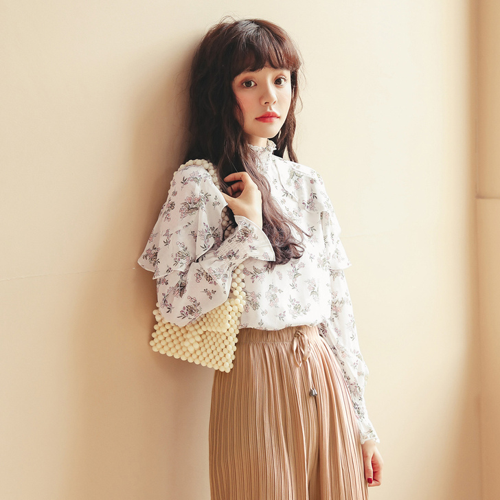 碎花雪纺衫女韩版春季2021新款喇叭袖衬衫...