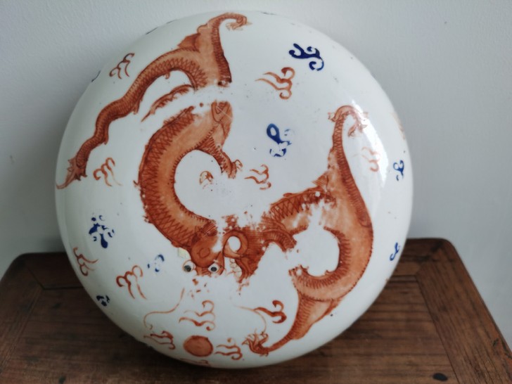 清代红釉彩捧盒盖子尺寸较大全品老瓷器不支持...