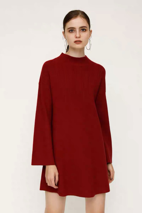 冬季新款素色圆领喇叭袖 高垂感 针织连衣裙