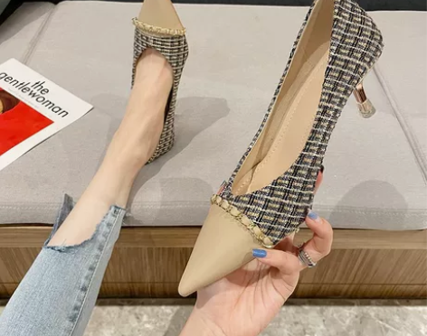 小香风单鞋女春秋中跟浅口2022年新款拼接...