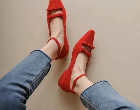 法式蝴蝶结仙女风穿搭真皮蝴蝶结小方头一字扣...