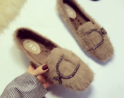 女2021秋冬季新款方头平底毛毛鞋水钻扣水...