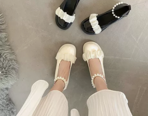 玛丽珍鞋女夏小众蕾丝珍珠厚底粗跟小皮鞋法式...