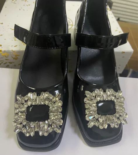 全新 38码 水钻方扣玛丽珍鞋  法式漆皮...