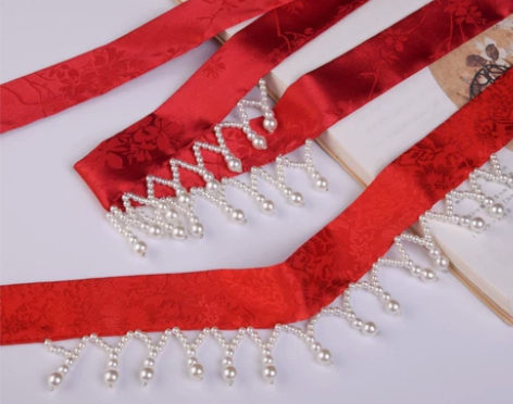 兰若庭兰家同款汉服发带宋制明制珍珠流苏红色...
