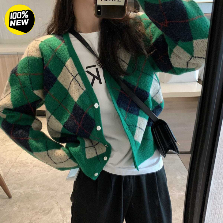 全新针织开衫清仓处理！复古英伦风菱形格子V...