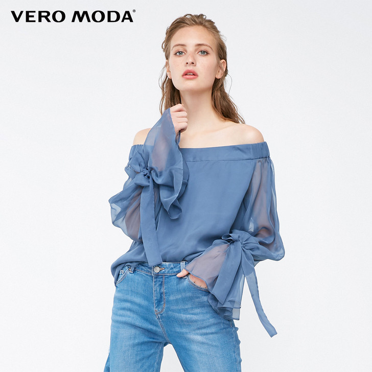 Vero Moda甜美风一字领系带喇叭袖雪...