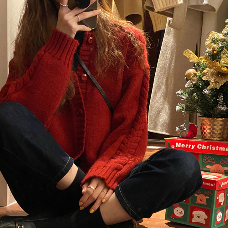 红色麻花毛衣外套女春秋外搭宽松短款秋装20...
