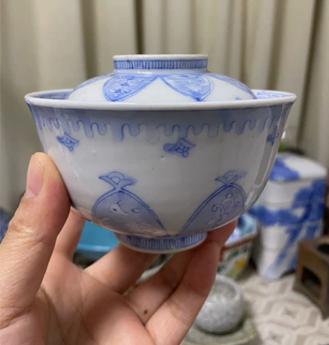 日本回流 清末老青花盖碗 内外绘 杯身口径...