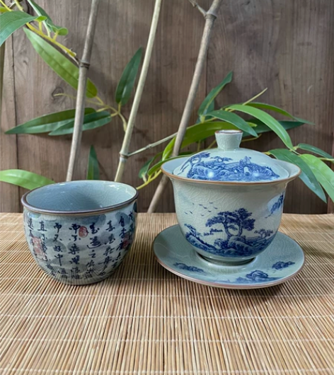 古汝老陶泥青花盖碗，可开片，容量180ml...