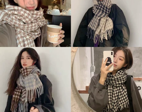 全新小红书同款围巾ins女学生韩版千鸟格情...