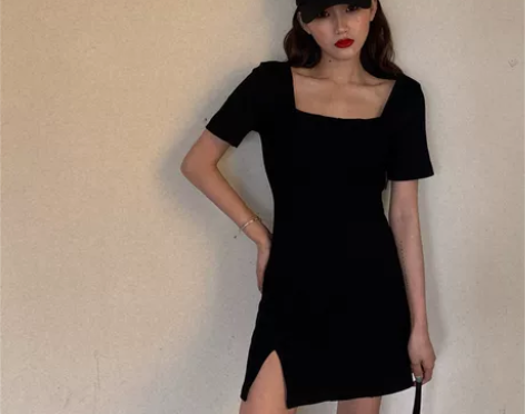 女装高腰法式方领连衣裙2020夏季新款黑色...