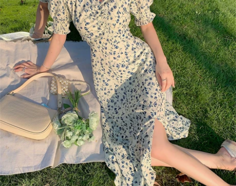 ?仙气碎花短袖连衣裙女装夏季气质裙子法式温...