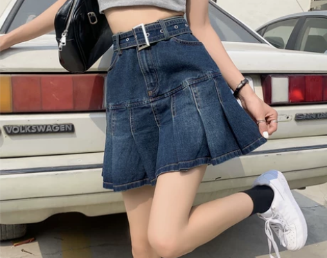 牛仔半身裙女夏季百褶裙2021新款辣妹短裙...