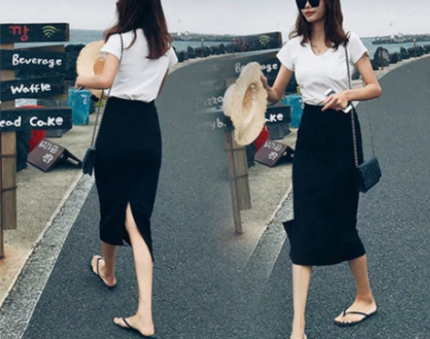 弹力后开叉包臀裙中长裙女2021春夏高腰显...