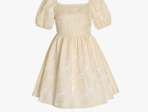 法式方领蓬蓬裙连衣裙女夏小个子提花露背泡泡...