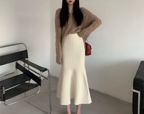 【天猫双12】针织毛呢黑色鱼尾裙半身裙女冬...