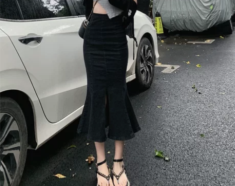 牛仔开叉半身裙女夏新款高腰中长款辣妹黑色包...