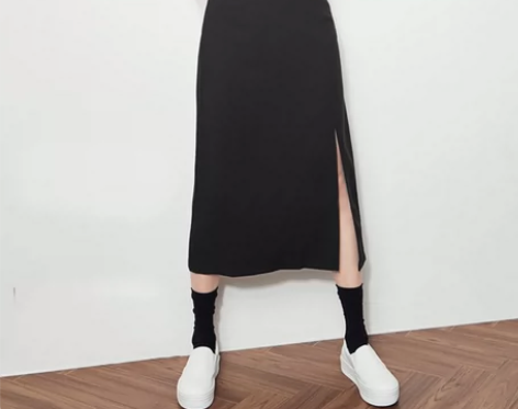 黑色罗马布直筒包臀前开叉中长款半身裙小黑裙...