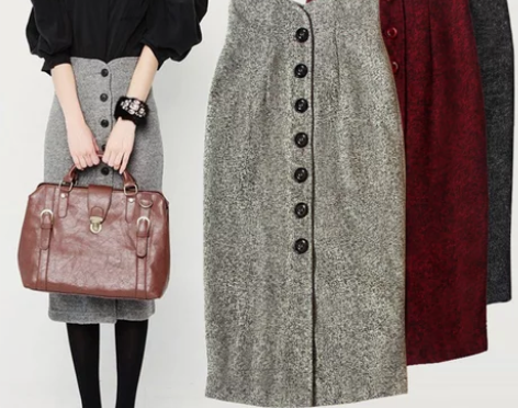 韩国女装早春半身裙中长裙一排扣复古高腰包臀...