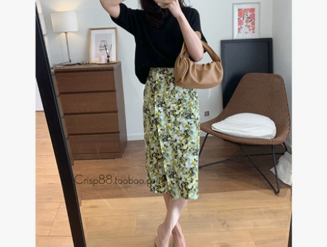 浪漫抽象碎花~春季印花高腰百搭显瘦开叉包臀...