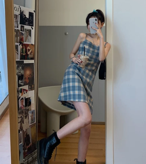 阿一 清甜初恋裙 格子吊带裙女修身夏季气质...