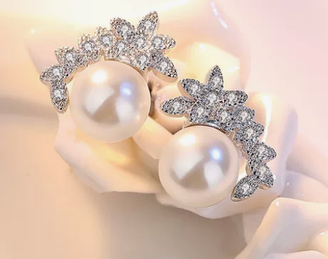 甜美田园树叶子淡水珍珠耳饰品韩版花朵镶钻耳...