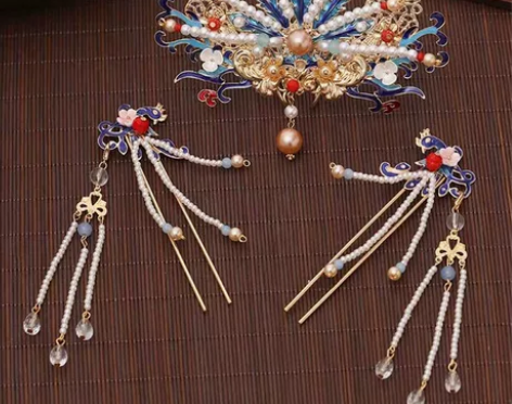 烧蓝三件套包邮汉服古风流苏景泰蓝发冠发簪凤...