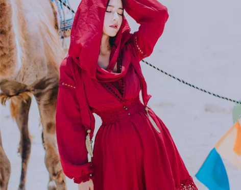 民族风复古棉麻显瘦连衣裙青海湖红色旅拍度假...