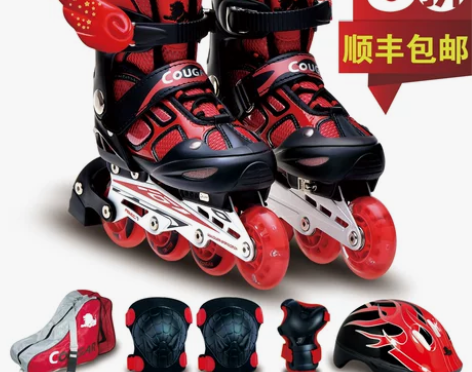美洲狮正品溜冰鞋儿童全套装可调闪光小孩轮滑...