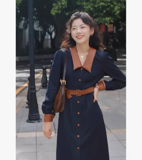 正品Newopen复古时尚翻领收腰拼接撞色...