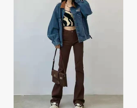 ?【春节不打烊】美式复古高街咖色微喇弹力牛...