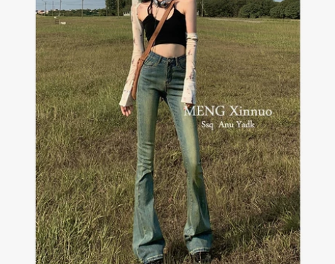 复古做旧微喇牛仔裤女美式辣妹高腰修身弹力显...
