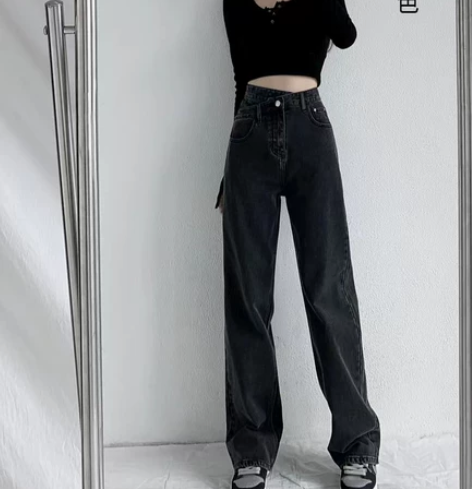 黑灰色阔腿牛仔裤女春秋装2022年新款宽松...