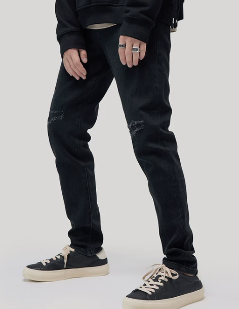 破洞牛仔裤 破洞牛仔裤直筒裤春秋款黑色男修...