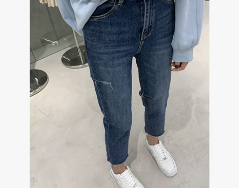 舒适好穿！韩版高腰修身破洞牛仔裤2022春...