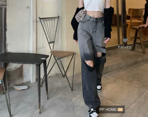 渐变破洞阔腿牛仔裤女春秋 浅蓝色L码，全新...