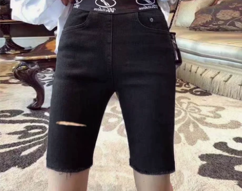 大码松紧腰五分裤女夏季薄款胖妹妹弹力高腰显...