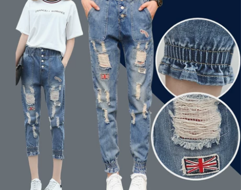 春夏bf破洞牛仔裤女收口束脚七分九分裤牛子...