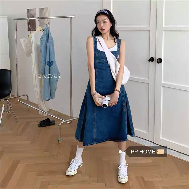 小个子复古牛仔背带裙春季方领中长款裙无袖法...
