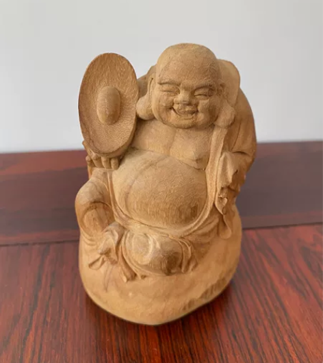 弥勒佛木雕，手棒元宝寓意招财进宝，尺寸：高...