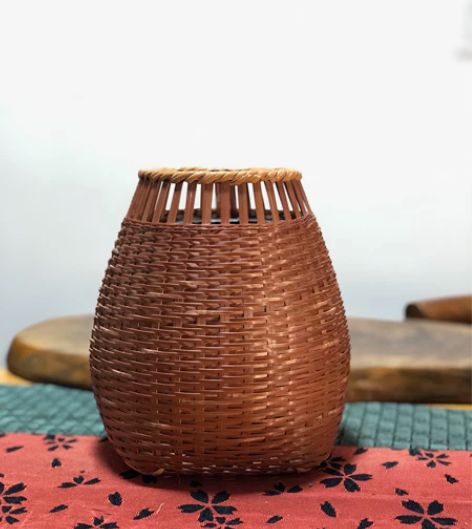 日本中古老竹编花篮 竹筒内胆纯手工精编花器...